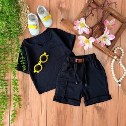 تیشرت شلوارک بیسکوییتی یقه کوبایی0075